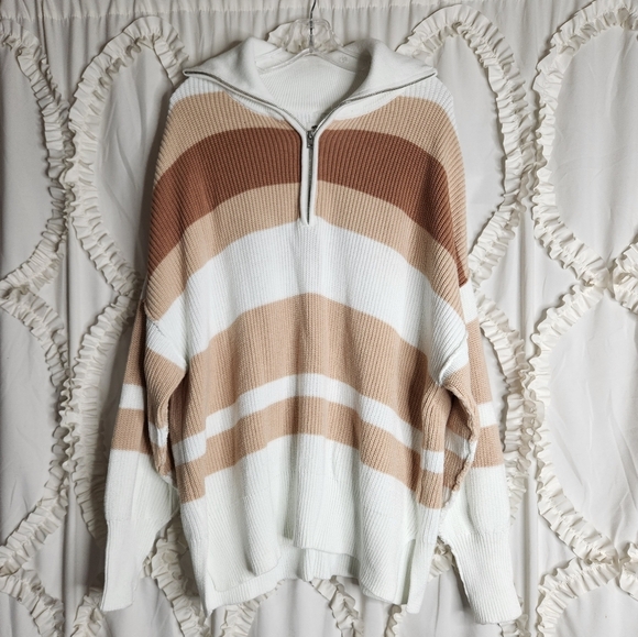 Aerie Beyond Neutral Stripe Knit Oversized Slouchy 1/4 Zip Pullover Sweater Sz M - Picture 3 of 6